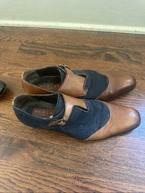 Mezlan Brown Leather and Navy Suede Monk Strap Oxfords with Brogue Detail